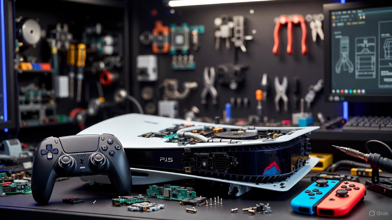 Consola PS5 abierta mostrando placa y componentes internos – Reparación profesional PS5 en GameSystems Leganés